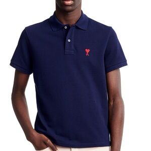 Ami Navy Polo with Red Heart Accent
